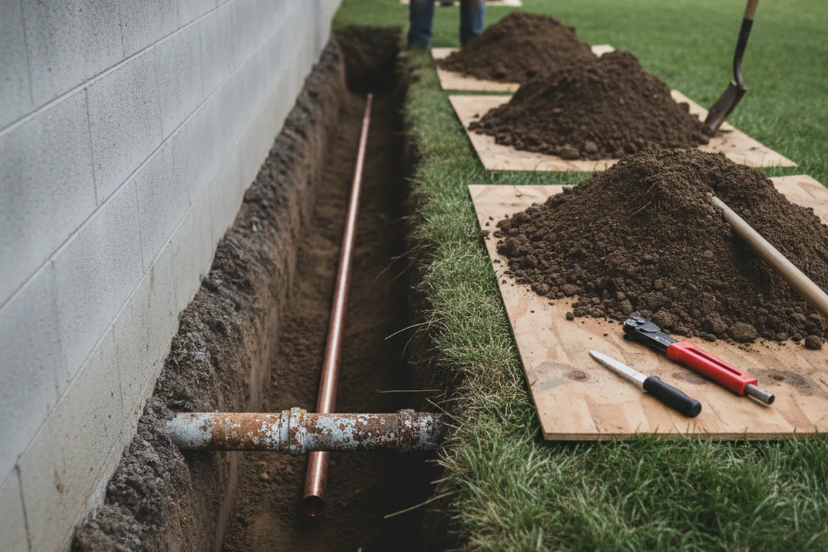 Excavated water line trench during Sewer Line Repair in Suitland